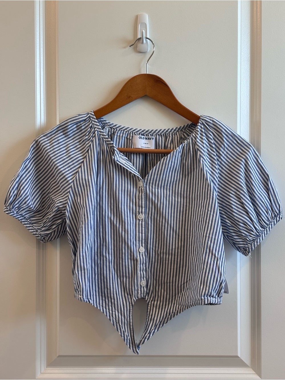 Old Navy Blue and White Vertical Stripe Button-Up Crop Blouse